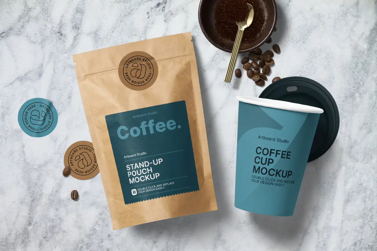 Kraft Coffee Bag Mockup With Paper Cup And Stickers — Mockup Zone